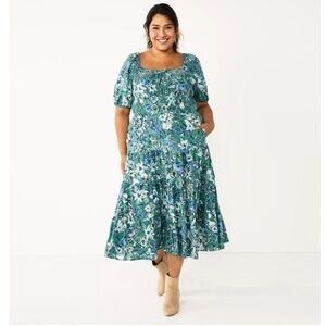 Sonoma Smocked Tiered Midi Dress Green Floral Size 1X